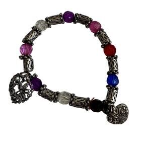 Silver Tone Stretch Charm Bracelet Hearts & Colorful Beads Women Jewelry Costume